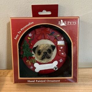 E&S Pets Pug Christmas Ornament Wreath Shaped Easily Personalized